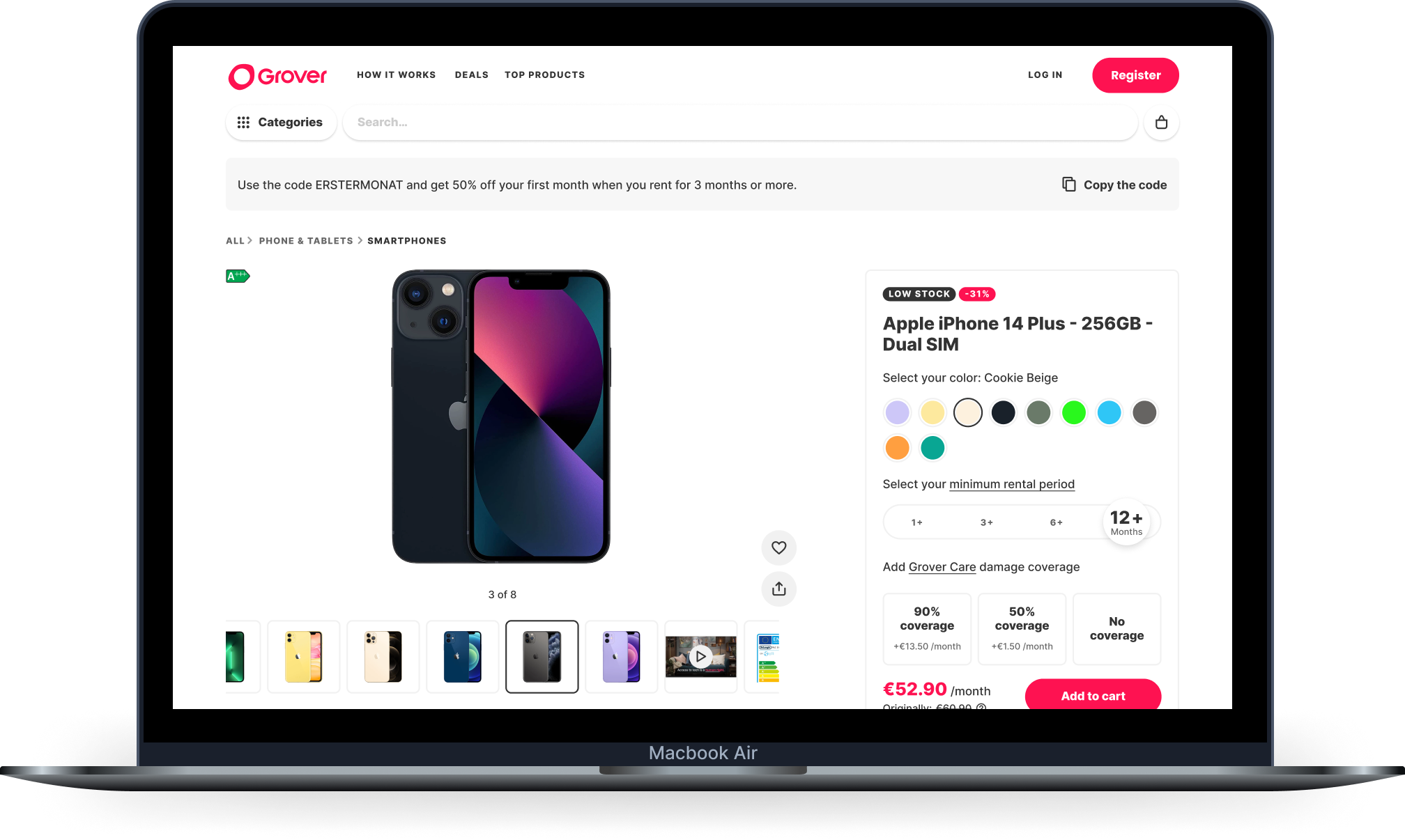 Grover's product landing page. Shows an iphone 14 plus 256gb as the product.